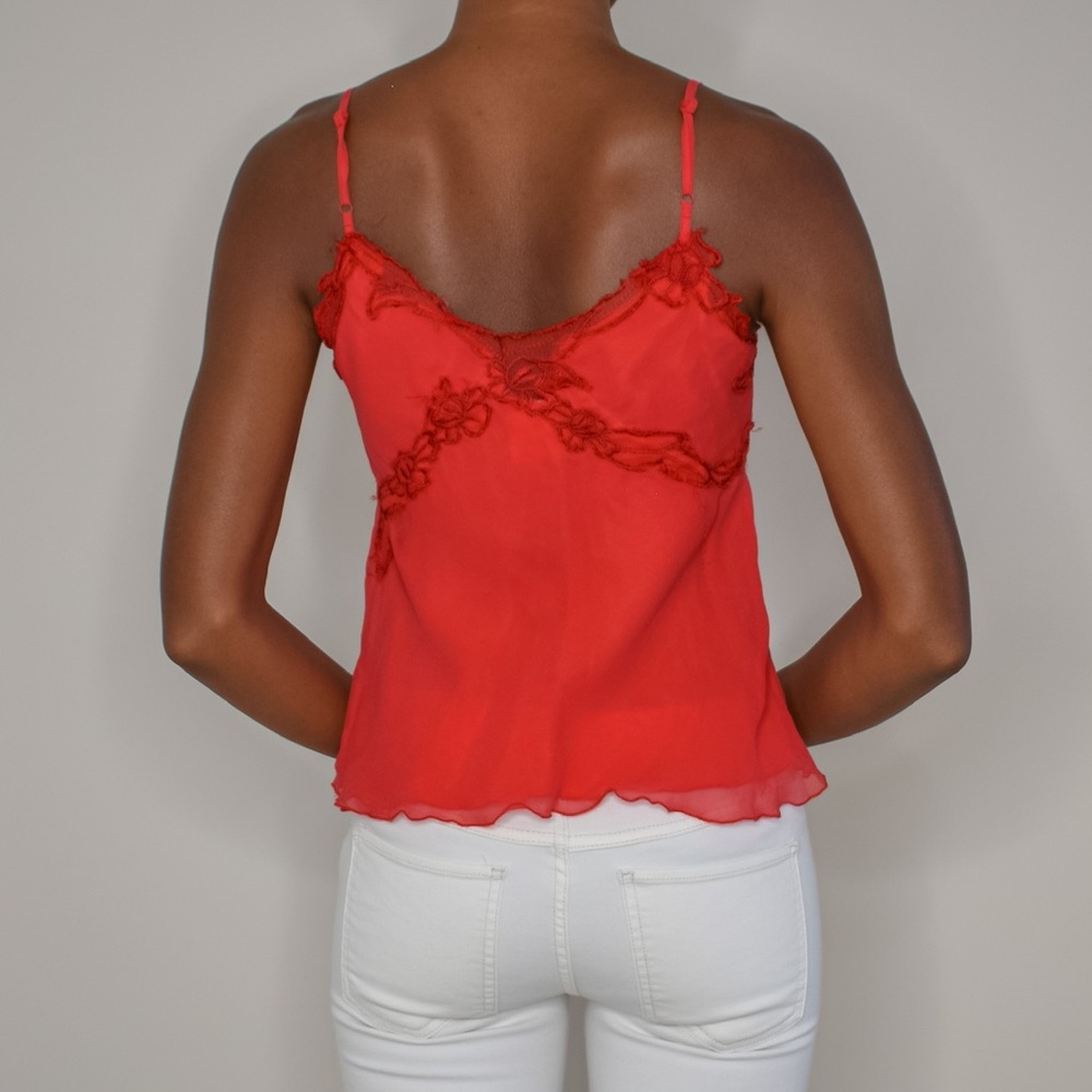 90s Vintage Renato Nucci Silk Lace Embroidered Cami Top in Tomato Red - Picture 4 of 4